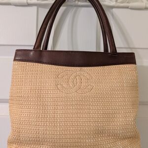 Chanel Beige Woven Tote with Brown Leather Trim